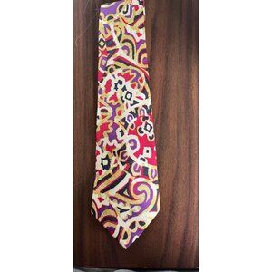 Vtg 1970's Perry Ellis Portfolio All Silk Tie Abstract Paisley Purples Red Beige